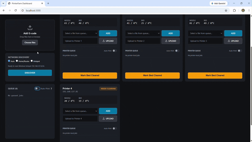 printfarm dispatching queued jobs to a farm of stock Ender 3 V3 KE printers